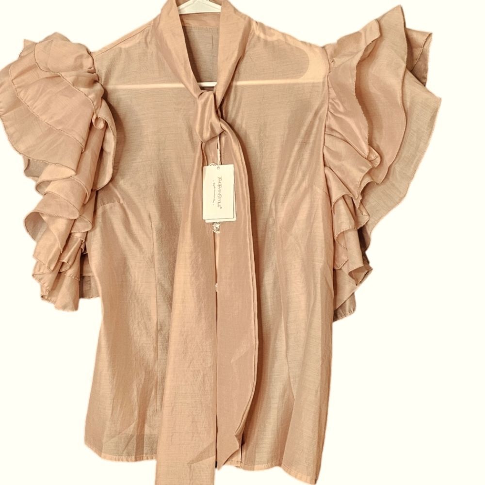 NWT Two Twin Style Champagne Rhinestones Button Front Sheer Ruffle Cap Sleeve XL